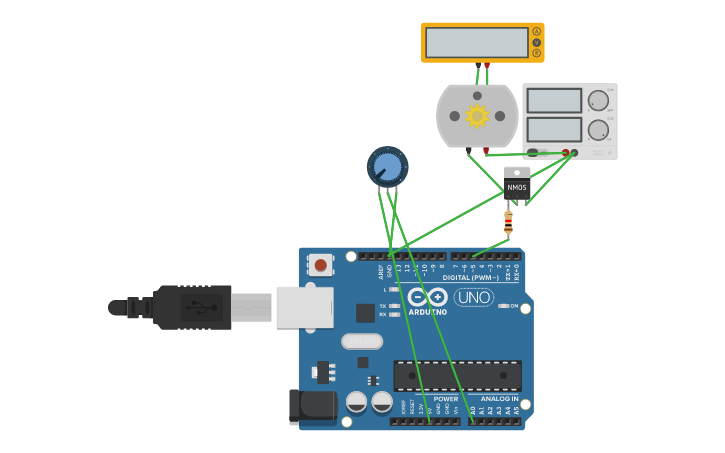 Circuit design transistor nmos(mosfet) com morto arduino - Tinkercad