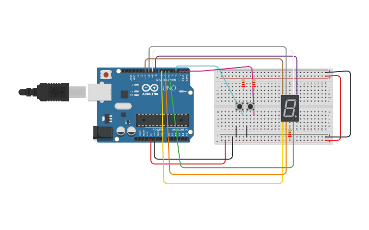 Circuit design Contador con pulsadores - Tinkercad