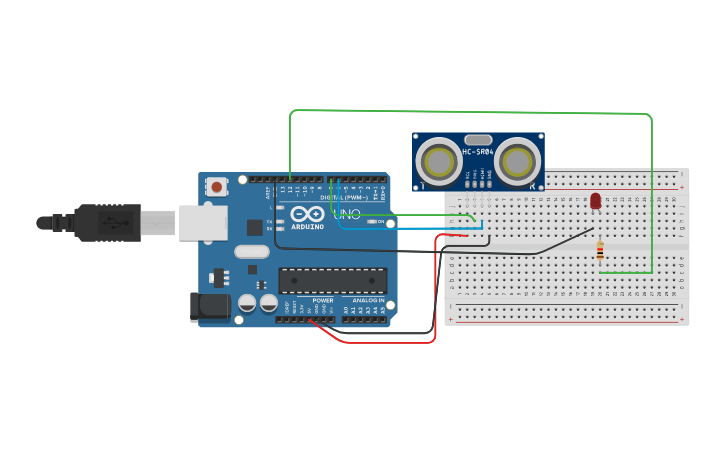 Circuit design ultrasonic mesafe sensörü ile led yakma - Tinkercad