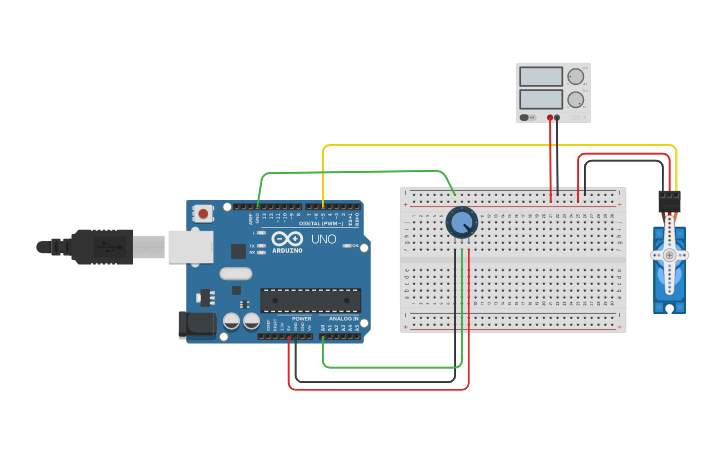 Circuit design 3.5 pot serial print + servo - Tinkercad