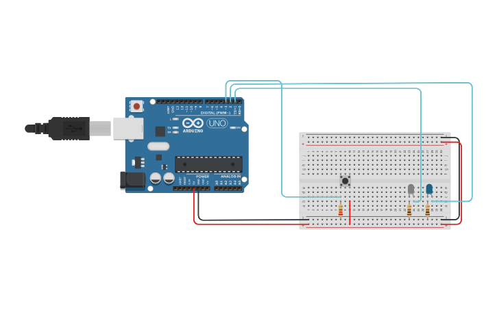 Circuit design ENCENDIDO Y APAGADO DE 2 LEDS - Tinkercad
