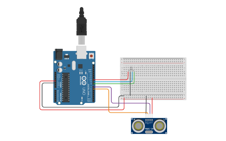 Circuit design Ultrasonic Sensor and RGB LED - Tinkercad