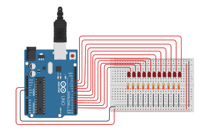 Circuit design Ejercicio Arduino (Ejercicio 8. Estrella Fugaz) - Tinkercad