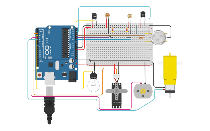 Circuit design Automatic lighting and ventilation system - Tinkercad