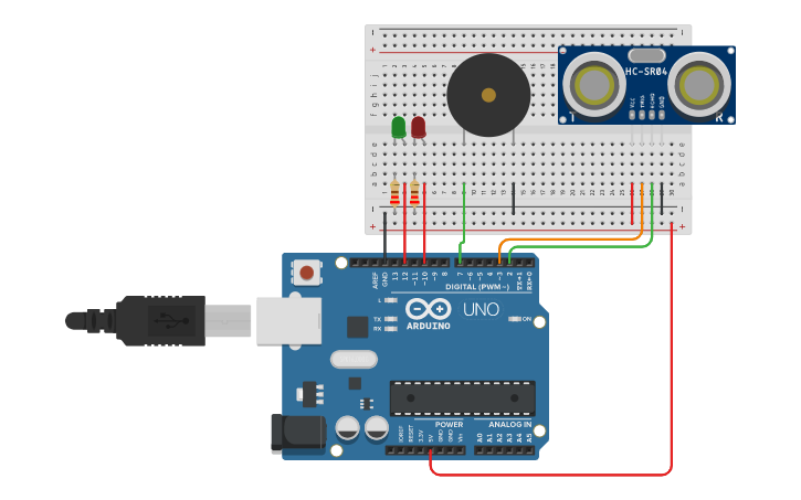Circuit design Ultrasonic Alarm with Sound - Tinkercad