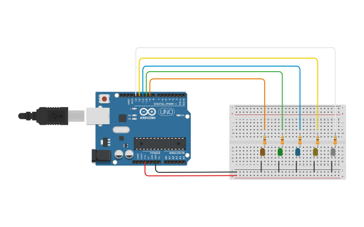 Circuit design Sequnza 5 led | Tinkercad