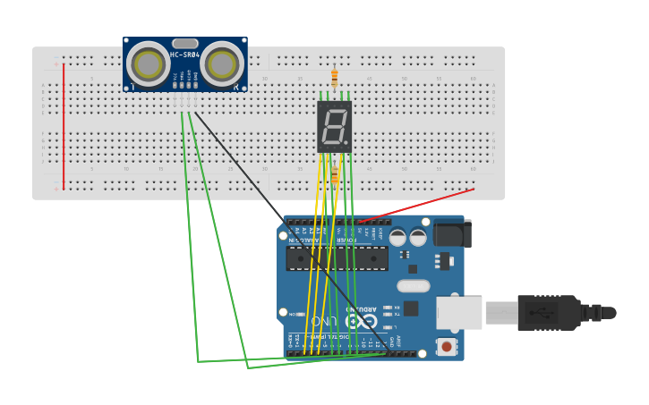 Circuit design 7 Segment Display+Distance Sensor | Tinkercad