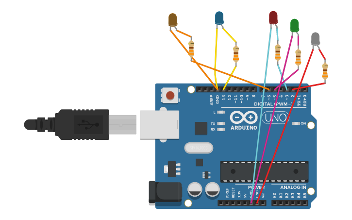 Circuit design 5 leds | Tinkercad