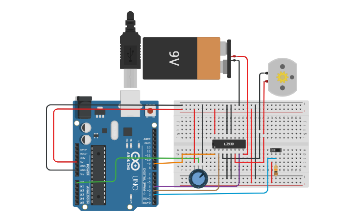 Circuit design CI controlador de motor L293D - Tinkercad