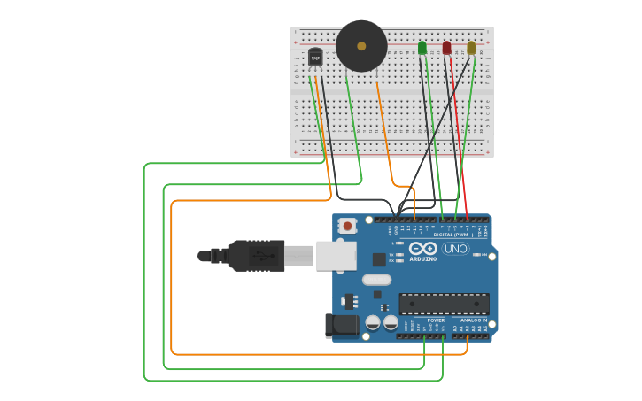 Circuit design LM35 and Buzzer with LED - Tinkercad