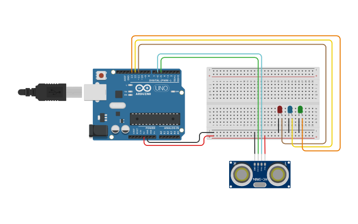 Circuit design Medir distancia con ultrasonido | Tinkercad