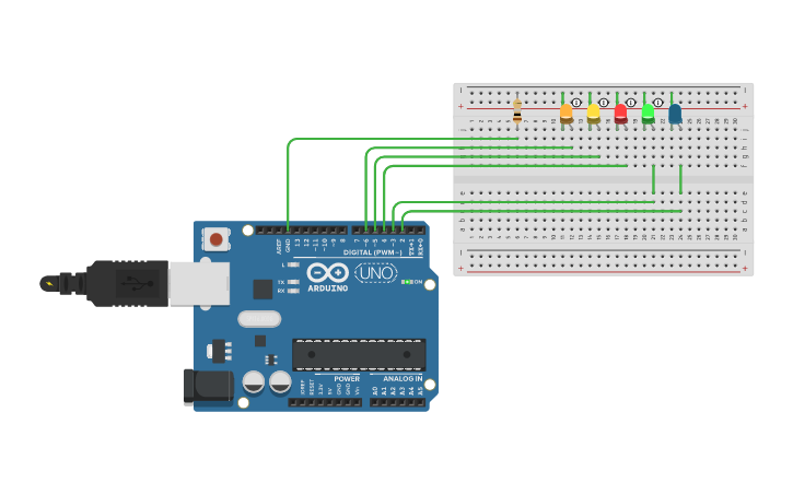 Circuit design 3) Năm đèn LED sáng lần lượt - Tinkercad