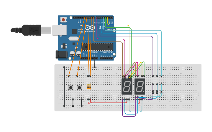 Circuit design Copy of 2-digit counter - Tinkercad