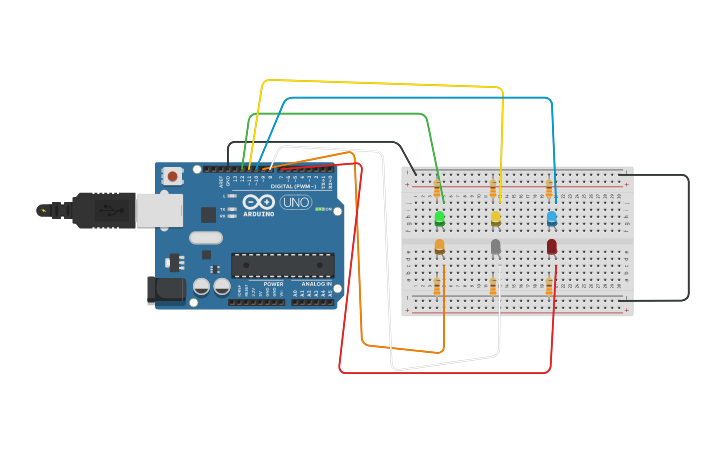 Circuit design Encendido de 6 LEDs en secuencia - Tinkercad