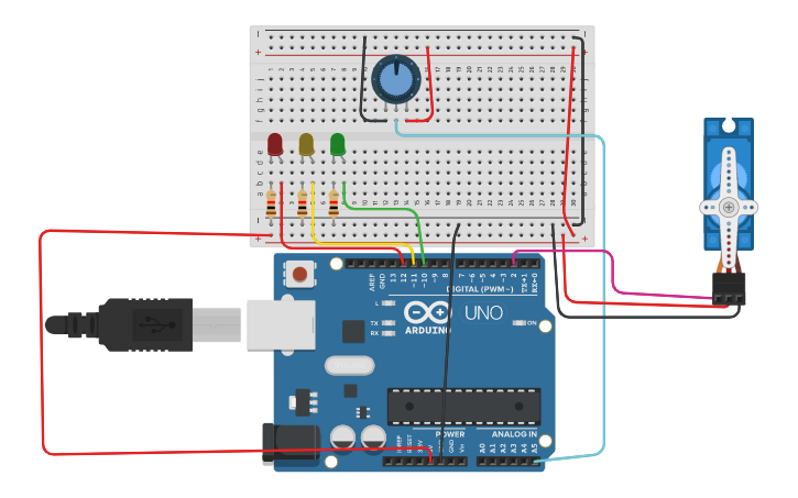 Circuit design semaforo + servomotor - Tinkercad