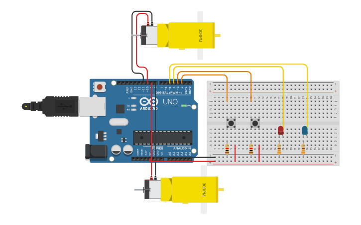 Circuit design Motor con pulsadore y leds - Tinkercad
