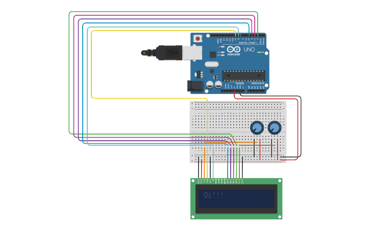 Circuit design Aula 19 - Display LCD com dois potenciômetros - Tinkercad