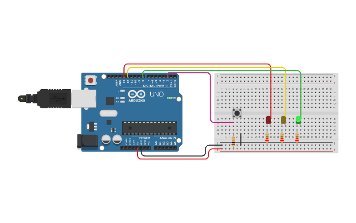 Circuit design Traffic Light with Button - Pedestrian Light - Tinkercad