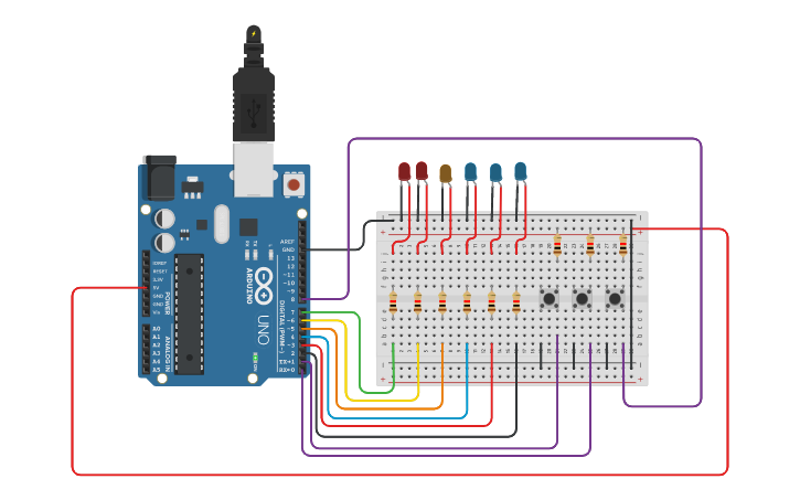 Circuit design Circuito 3 pulsadores | Tinkercad