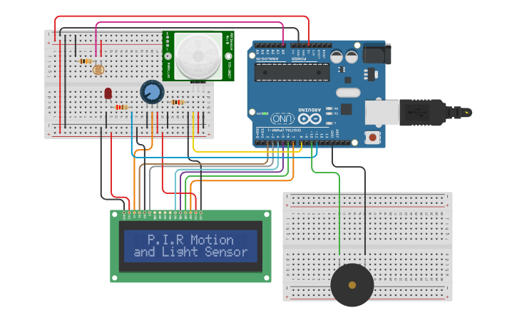 Circuit design Arduino with PIR and light sensor, LCD display and ...