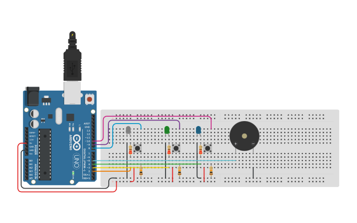 Circuit design TINKERCAD (ARDUINO UNO WITH AN LED’s, PUSH BUTTONS AND A ...