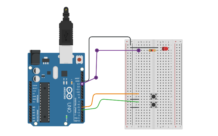 Circuit design OneLEDTwoPBs - Tinkercad