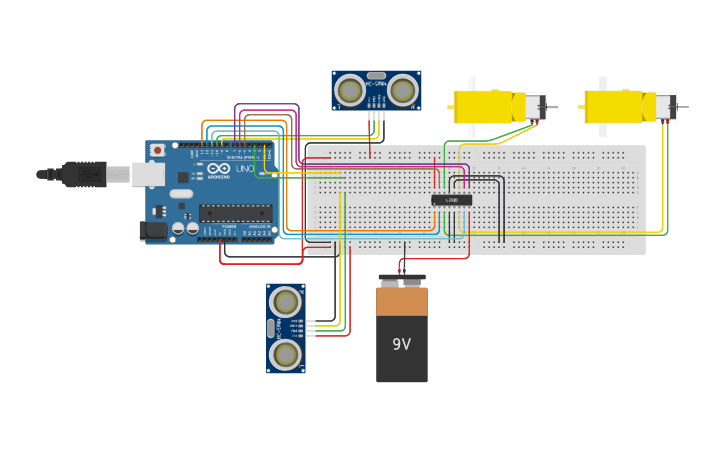 Circuit design Copy of Control de dos motores con ultrasonido | Tinkercad