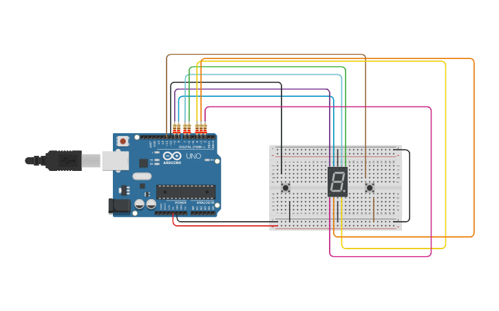 Circuit design 7 SEGMENT 2 PUSHBUTTON - Tinkercad