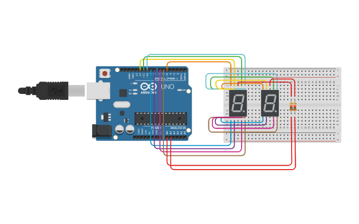 Circuit design 2 7-segment displays - Tinkercad