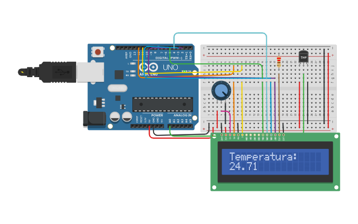 Circuit design lcd + temperatura examen - Tinkercad