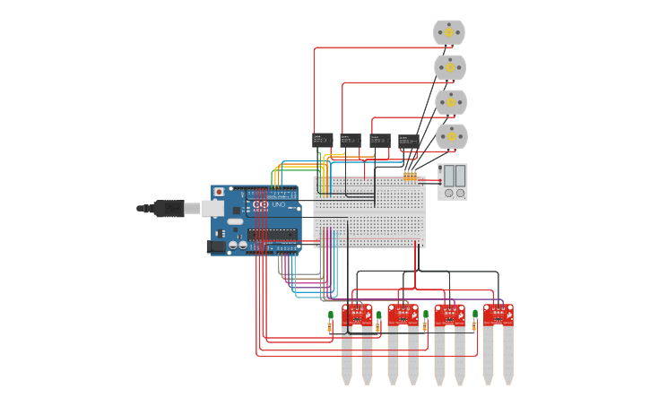 Circuit design Automatic plant watering system for 4 plant - Tinkercad