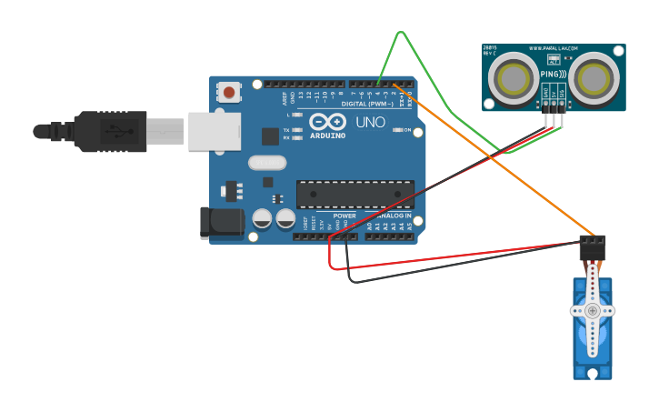 Circuit design sensor ultrasonico y servomotor - Tinkercad