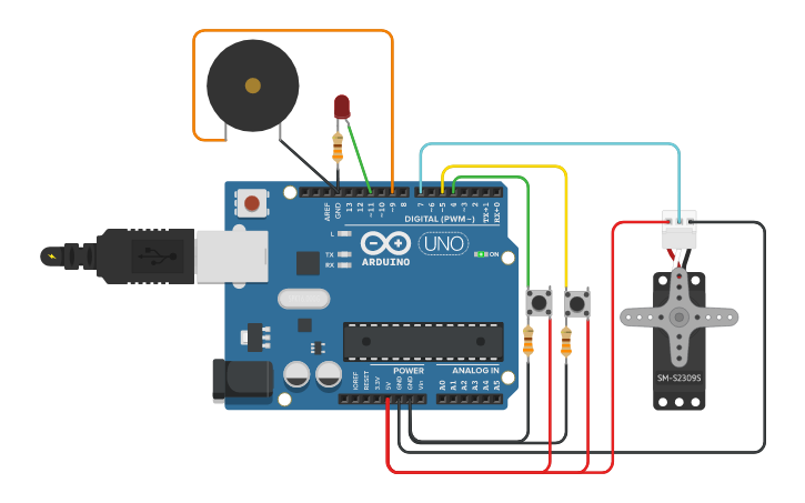 Circuit design barrera controlada por dos sensores - Tinkercad