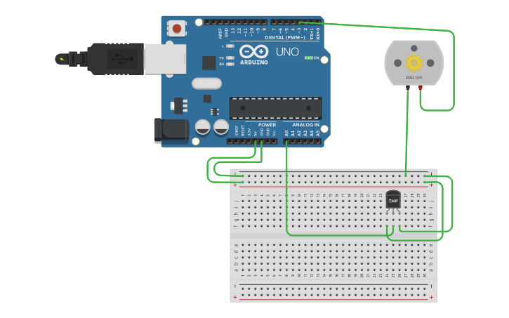 Circuit design DC Motor with temperature sensor - Tinkercad