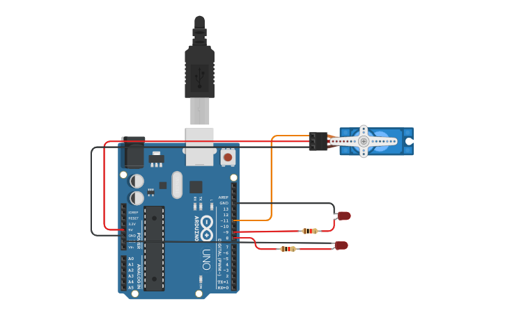 Circuit design Animatronic Servomotor + LED - Tinkercad