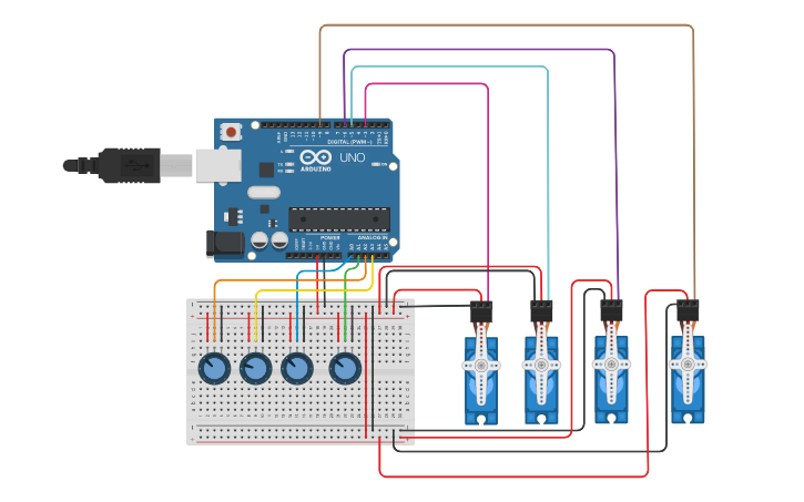 Circuit design braço robotico 4 servos - Tinkercad