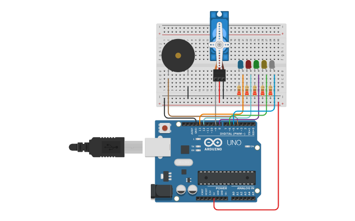 Circuit design Montaje Buzzer, Servomotor, Leds en Arduino - Tinkercad