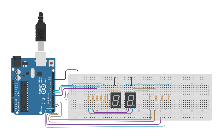 Arduino Number Switch Circuit design Number Counter Arduino Circuit - Tinkercad