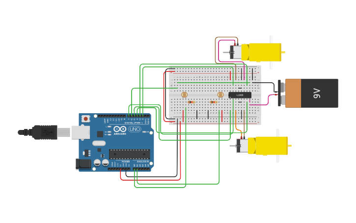 Circuit design L293D Motor Light Sensors cookbook 8.11 | Tinkercad