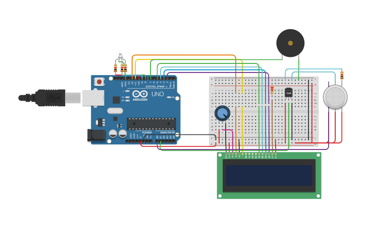 Circuit design FIRE ALARM USING TEMPERATURE AND GAS SENSOR - Tinkercad