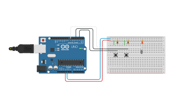 Circuit design Led y dos pulsadores - Tinkercad