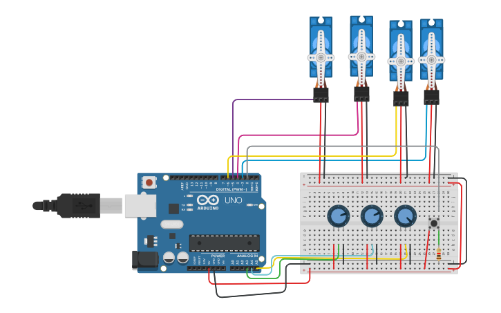 Circuit design Fatima Perez-Tinker CAD: 4 Servo motors - Tinkercad