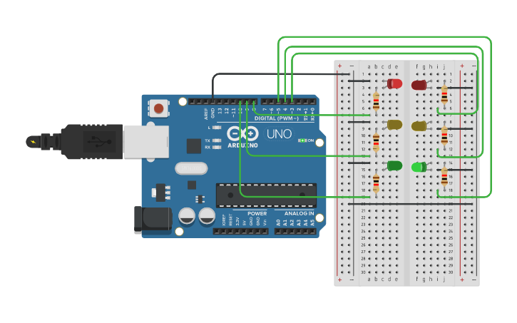Circuit design 2 Traffic Light with Breadboard - Tinkercad image.