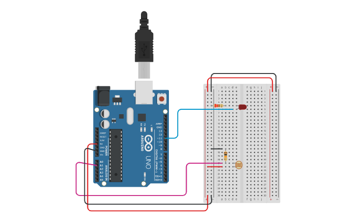Circuit design Copy of 3 - Controlar led con fotorresistencia | Tinkercad