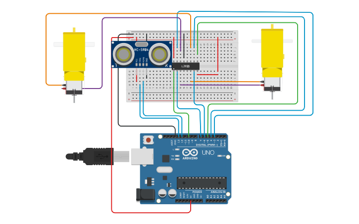 Circuit design L293D - Two motors + HC-SR04 - Tinkercad