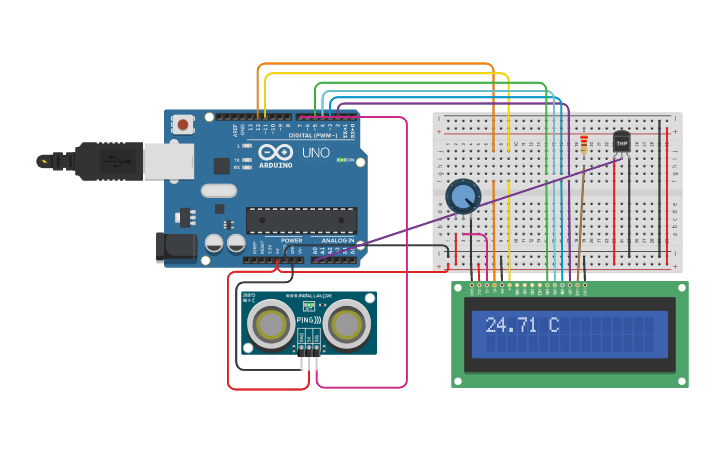 Circuit design LCD+溫度計+超聲波感測器 - Tinkercad