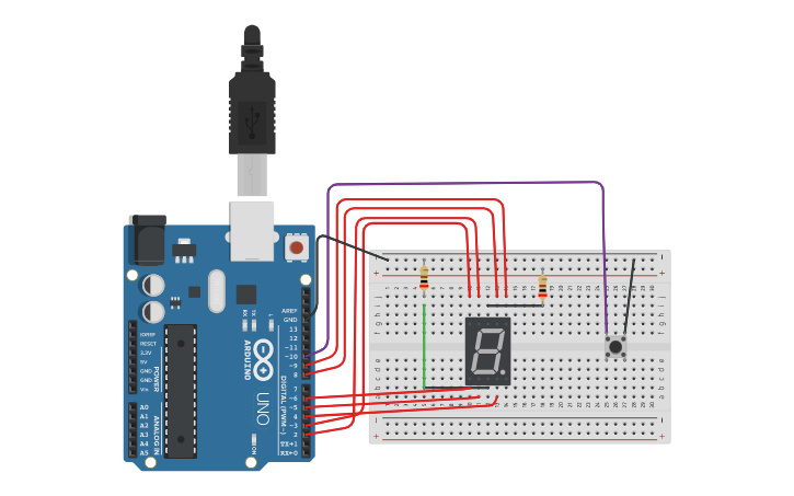 Circuit design 7 segment counter using push button - Tinkercad