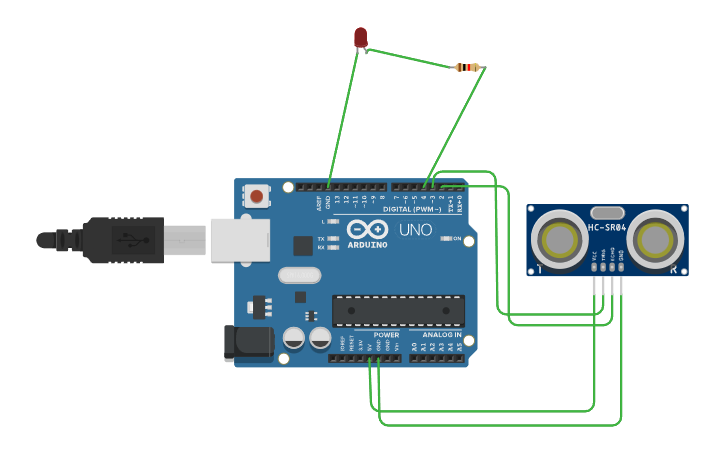 Circuit design Ultra sonic sensor with led - Tinkercad