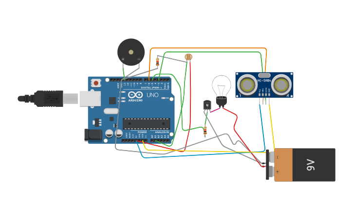 Circuit design Automated Light and alarm System - Tinkercad