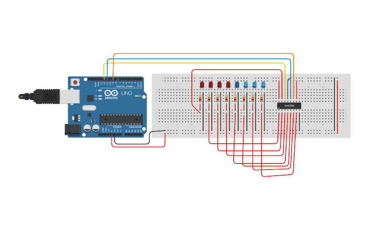 Circuit design 8 Bit LED binary counter - Tinkercad